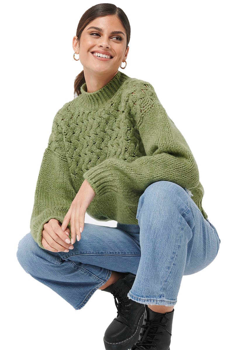 NA-KD Cable Knit Mock Neck Sweater, Alternate, color, 
