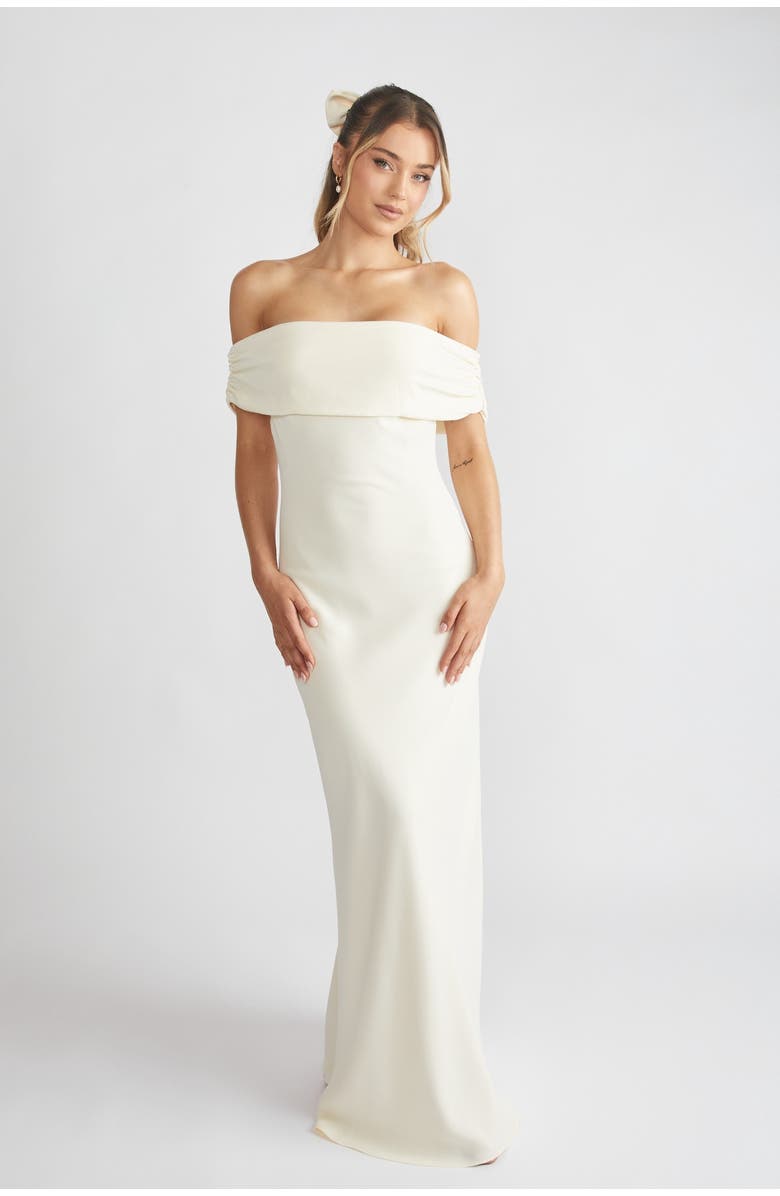 Six Stories Bardot Gathered Crepe Bridesmaid Dress, Main, color, Almond