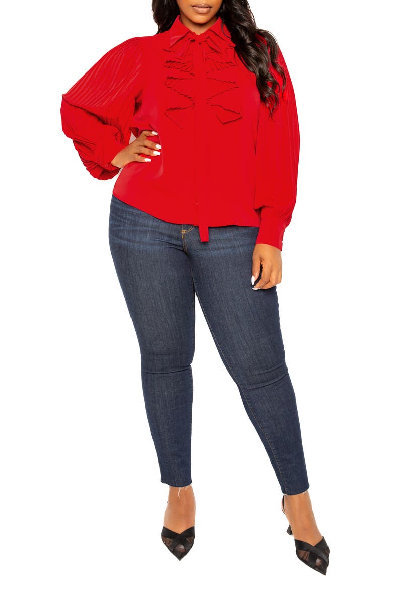 Tie Neck Pleated Sleeve Top, Alternate, color, RED