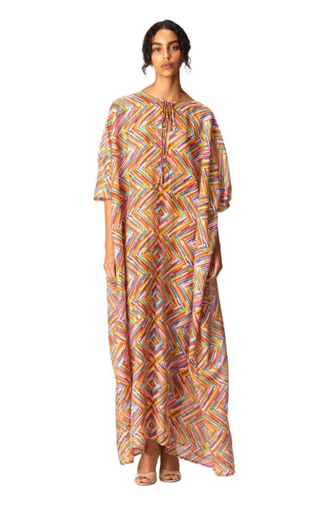Long Kaftan In Printed Cotton And Silk Blend