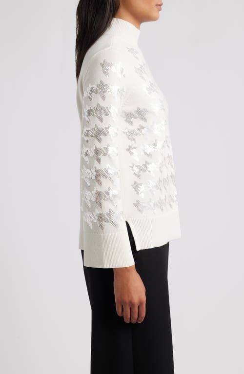 Anne Klein Sequin Houndstooth Mock Neck Sweater In White