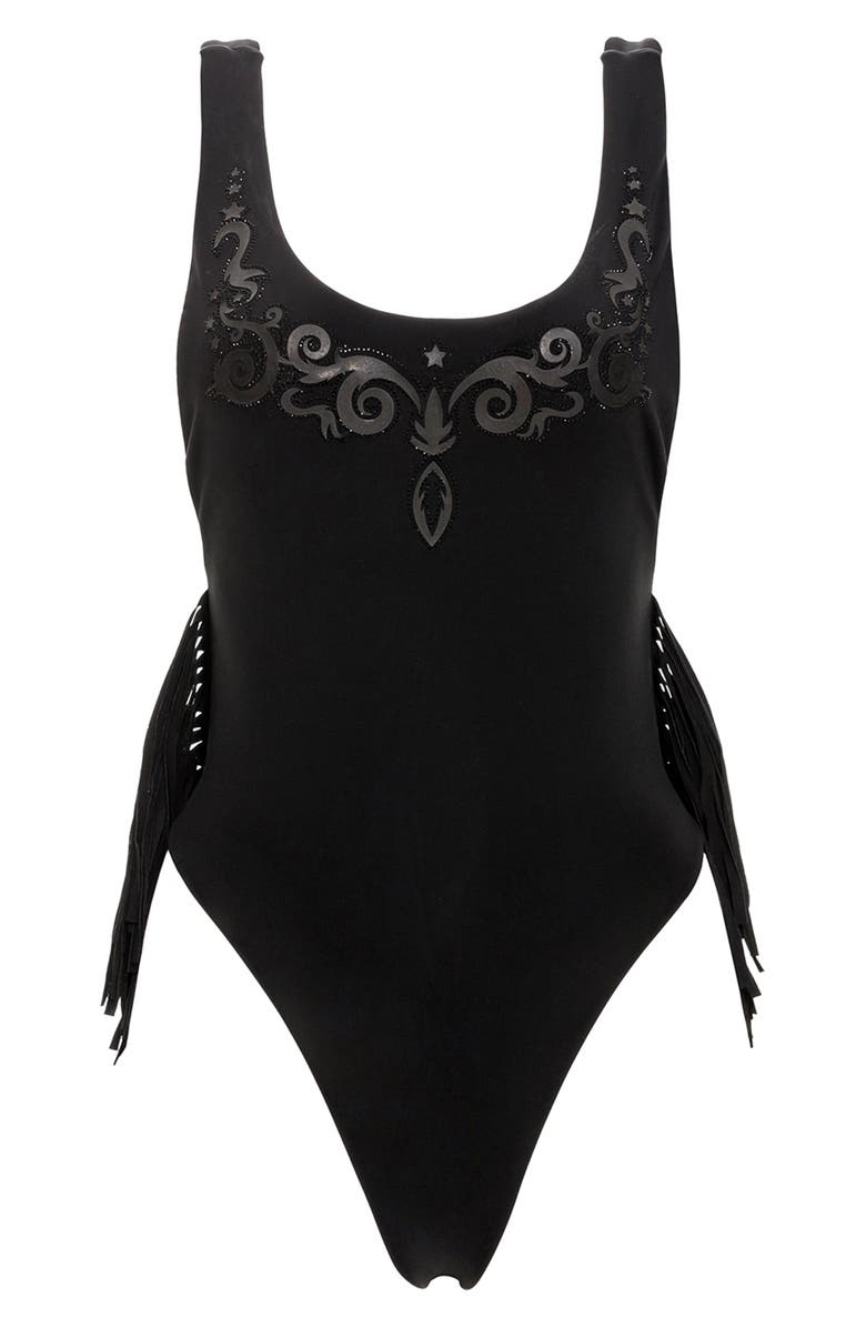 Agua Bendita Tribeca Nopal Fringe Low Back One-Piece Swimsuit, Alternate, color, Black
