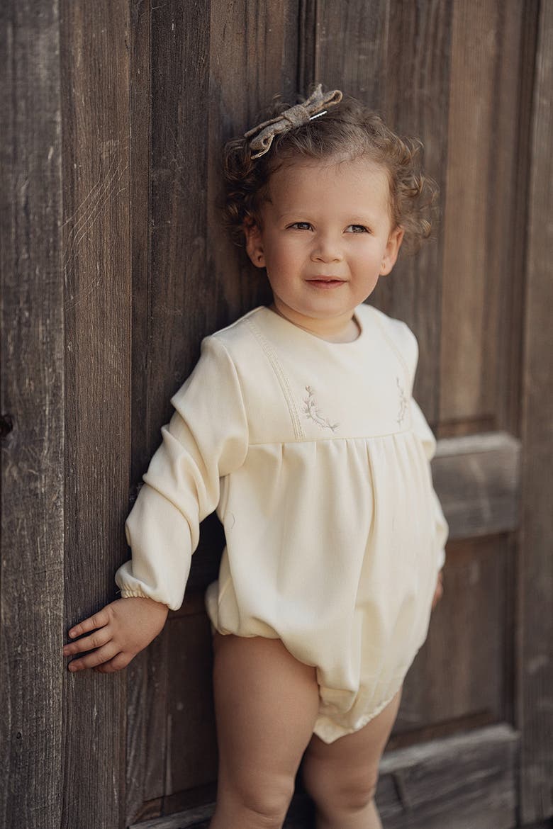 Infant Cream Floral Embroidered Bubble Romper - Rayon-Spandex, Long Sleeve, Crewneck, Zipper and Snap Closure, Alternate, color, Cream
