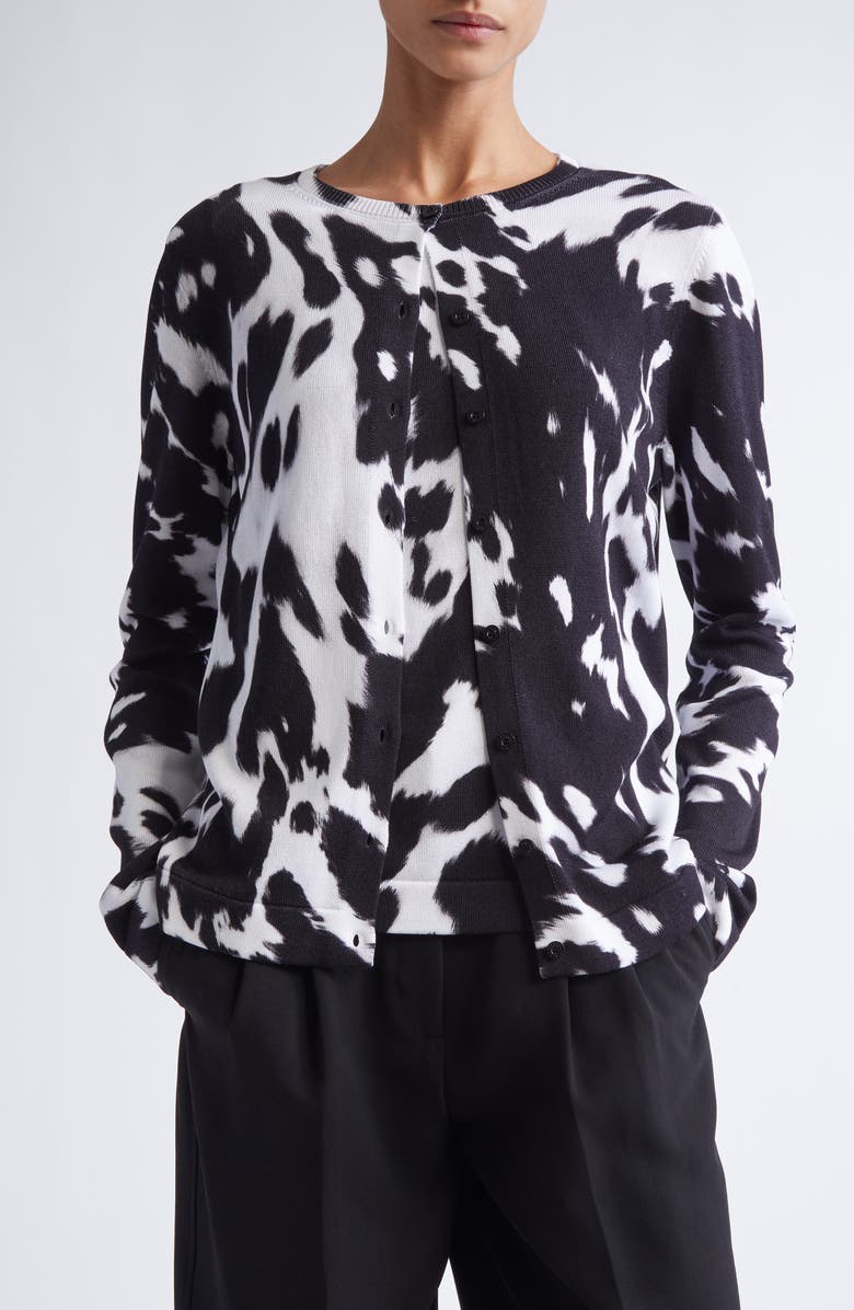 Oscar de la Renta Cow Print Cotton Blend Cardigan, Main, color, Black/ Ivory