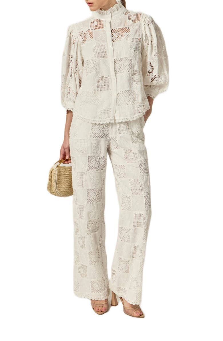 English Factory Embroidered Wide Leg Pants, Alternate, color, White