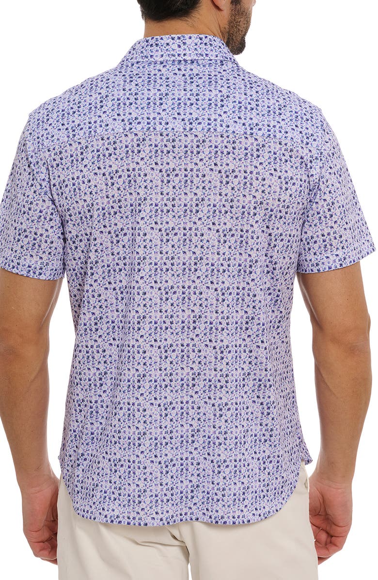 Robert Graham Zambia Floral Geo Short Sleeve Button-Up Shirt, Alternate, color, Purple