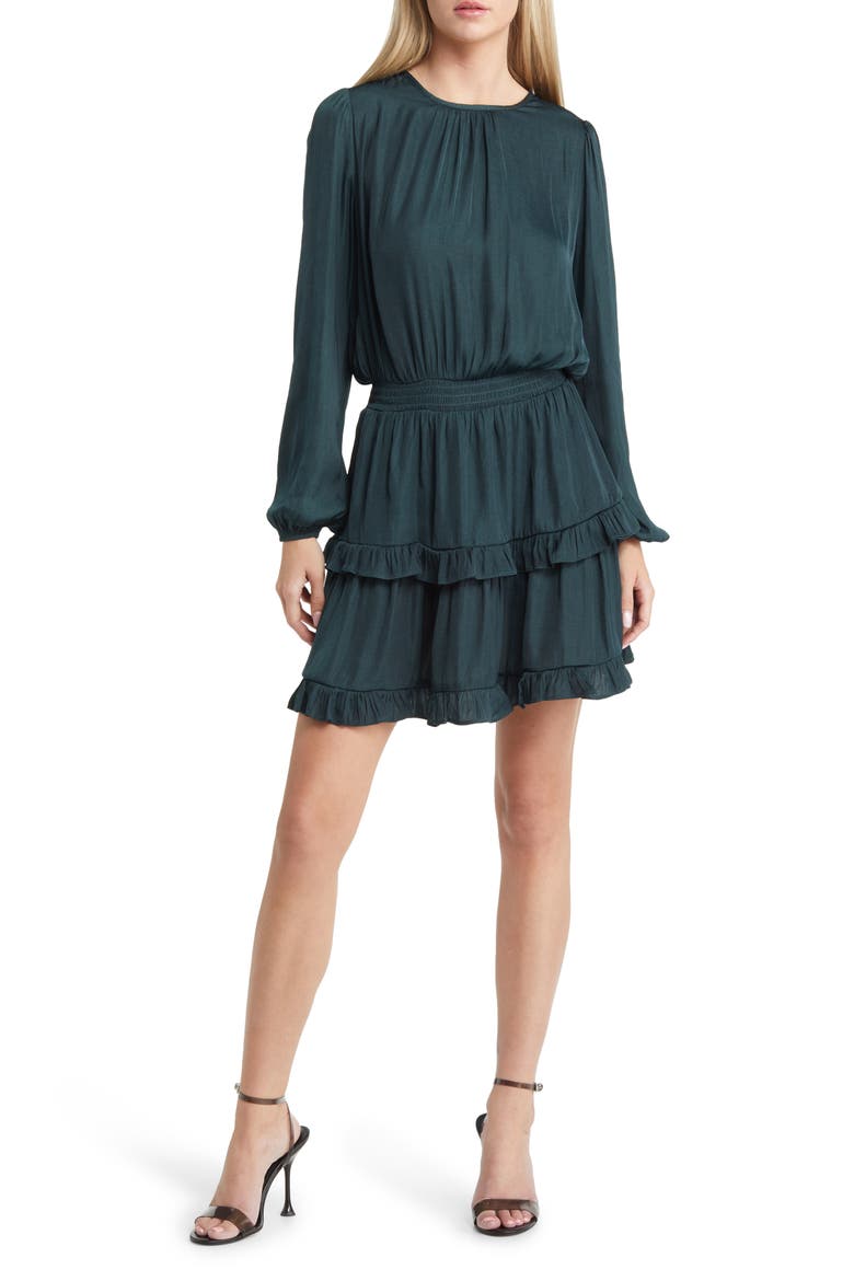 Smocked Tiered Long Sleeve Satin Dress, Main, color, SHADED SPRUCE
