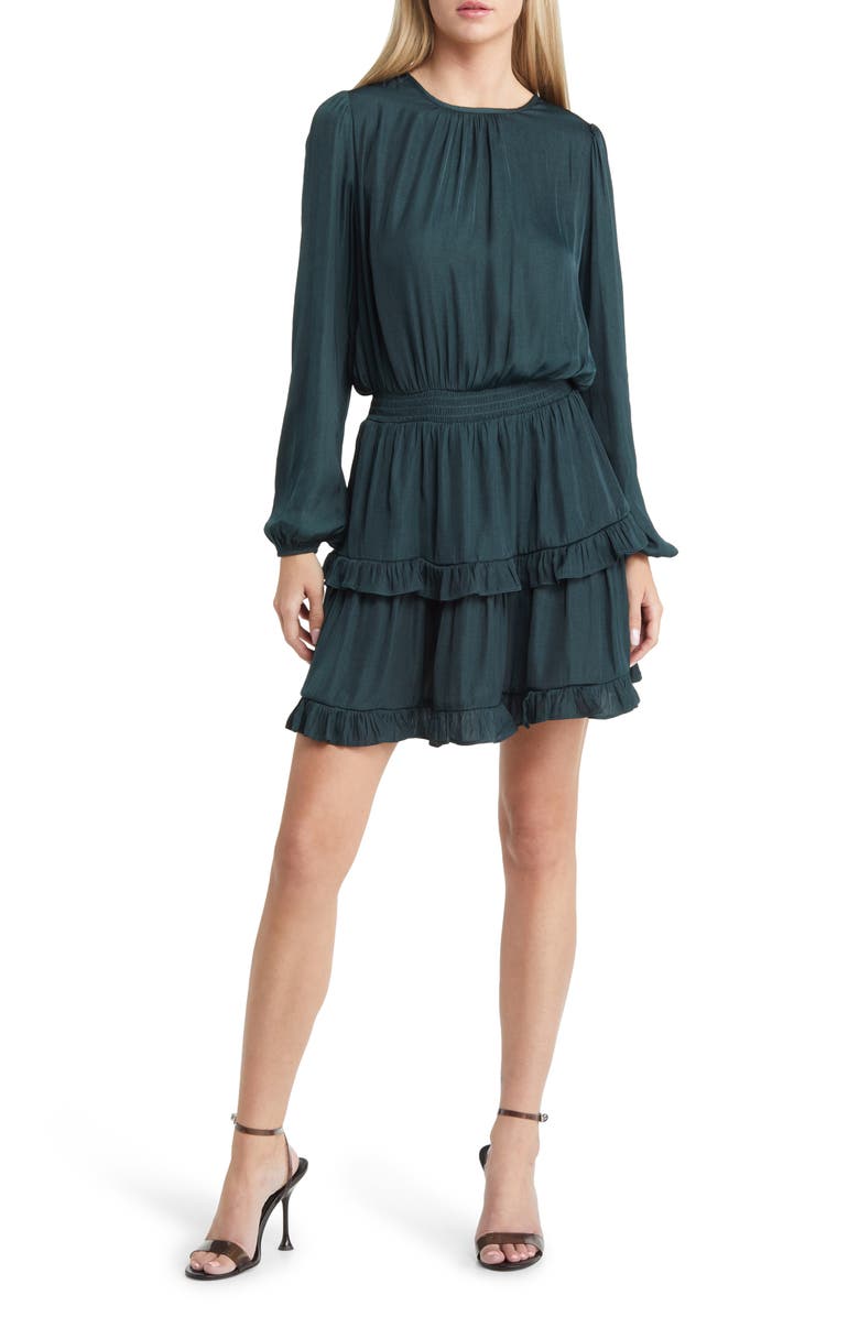Socialite Smocked Tiered Long Sleeve Satin Dress, Main, color, 