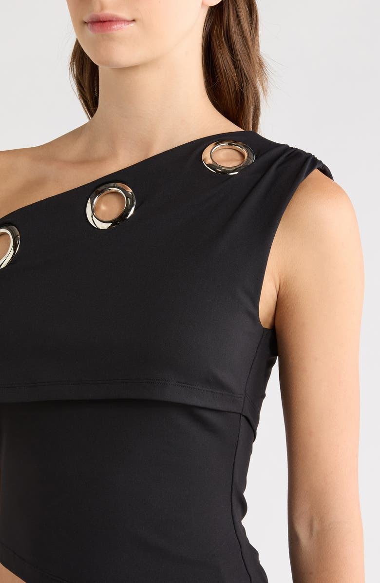 Princess Polly Noteworthy Grommet One-Shoulder Asymmetric Top, Alternate, color, Black