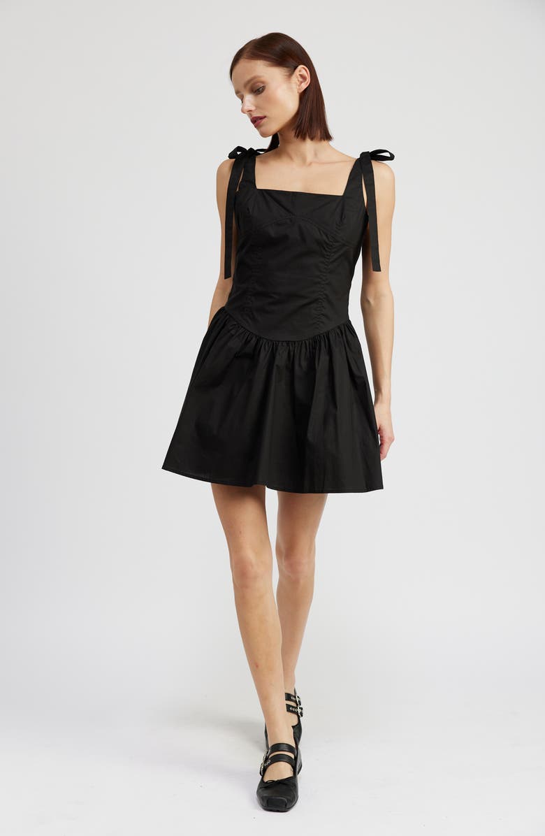 En Saison Charlie Tie Strap Cotton Poplin Minidress, Alternate, color, Black