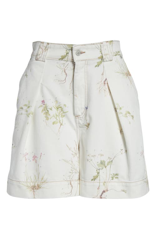 Erdem Botanical Print Pleated High Waist Denim Shorts In White