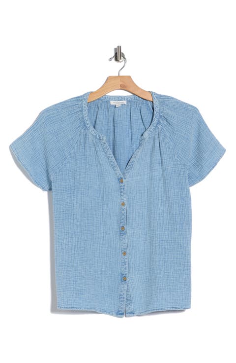 Lark Short Sleeve Cotton Gauze Button-Up Shirt (Plus)