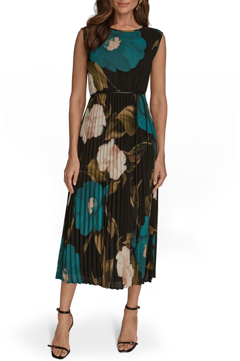 Floral Pleated Tie Belt Georgette Cocktail Dress, Main, color, MIDNIGHT GREEN