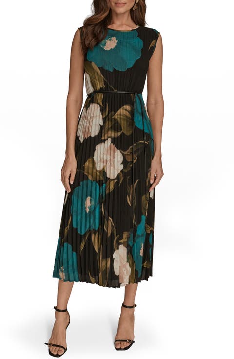 Floral Pleated Tie Belt Georgette Cocktail Dress