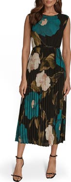 Donna Karan New York Floral Pleated Tie Belt Georgette Cocktail Dress