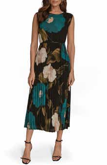 Floral Pleated Tie Belt Georgette Cocktail Dress