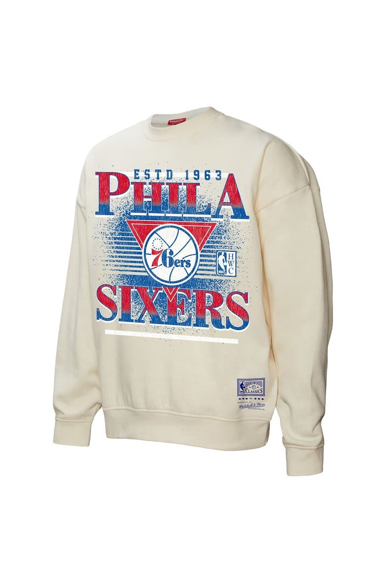 Women's Mitchell & Ness Cream Philadelphia 76ers Oversprayed Pullover Sweatshirt, Alternate, color, Cream