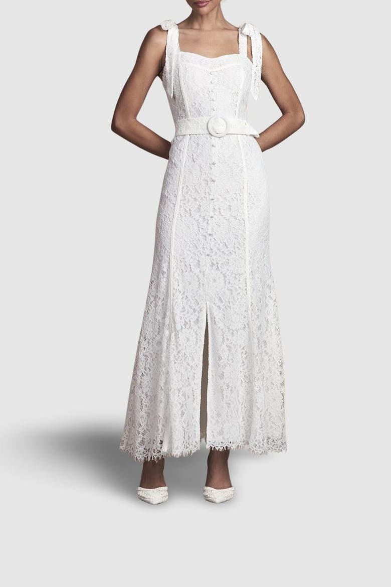 Lace Bow Shoulder Maxi Wedding Dress, Alternate, color, Ivory