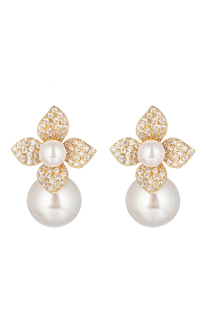 Victoria Floral Cubic Zirconia & Faux Pearl Stud Earrings, Main, color, GOLD