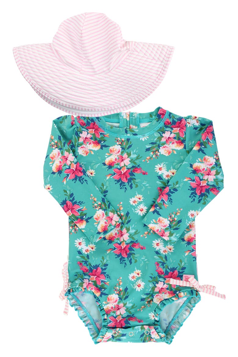 One-Piece Rashguard Swimsuit & Sun Hat Set, Main, color, BLUE