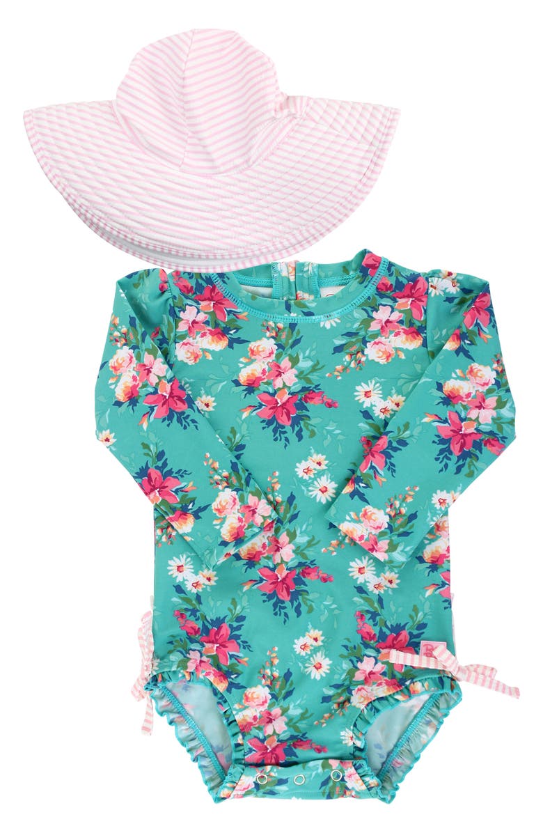 RuffleButts One-Piece Rashguard Swimsuit & Sun Hat Set, Main, color, 