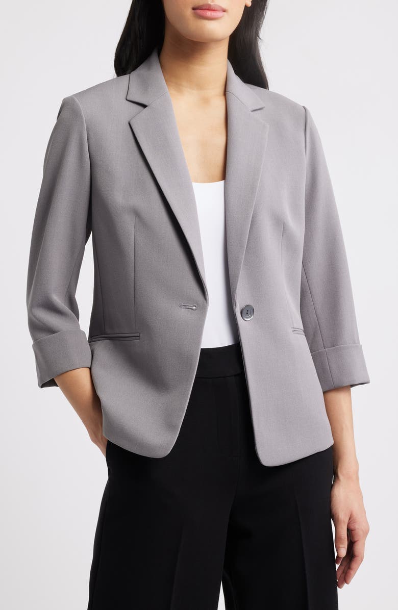 KASPER Rolled Sleeves Stretch Crepe One-Button Blazer, Main, color, 
