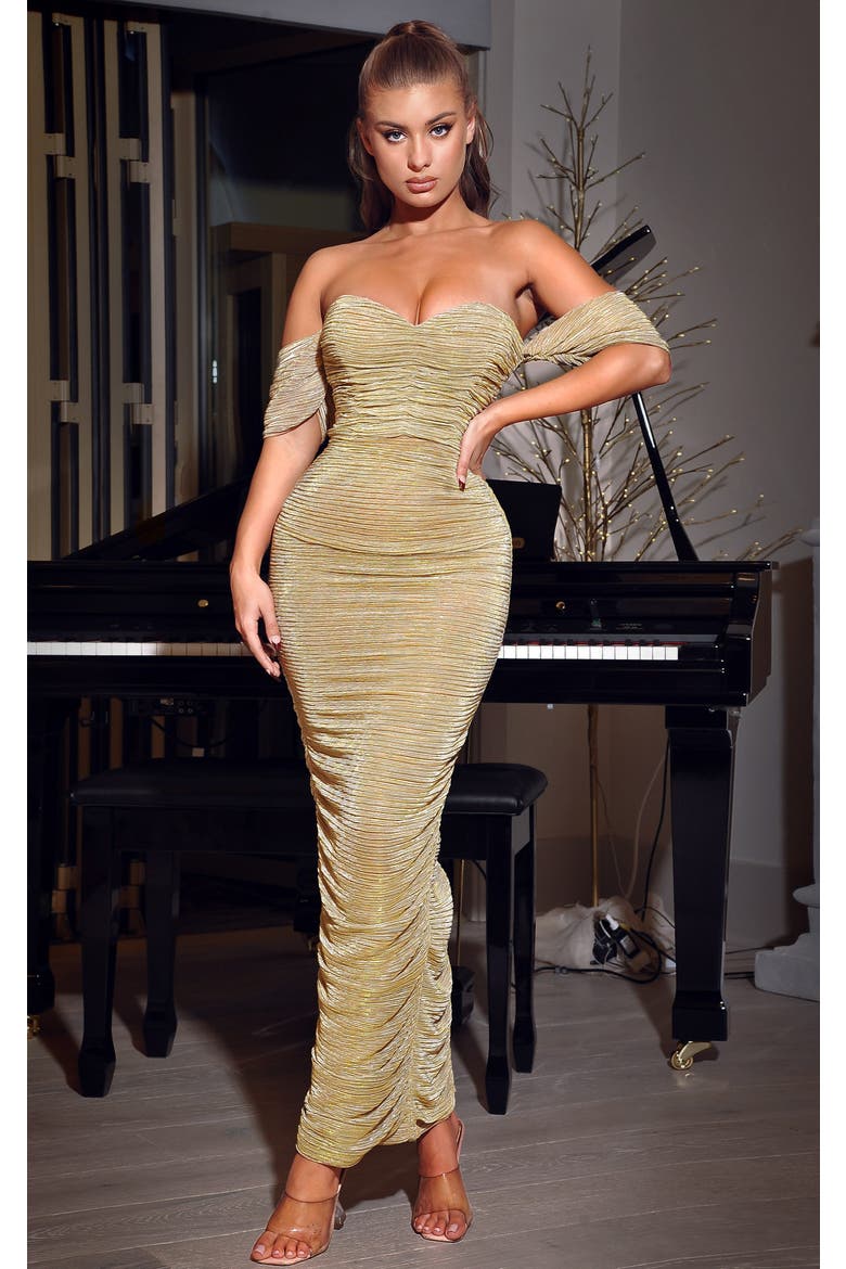 Gene Ruched Off Shoulder Chiffon Dress, Alternate, color, Gold