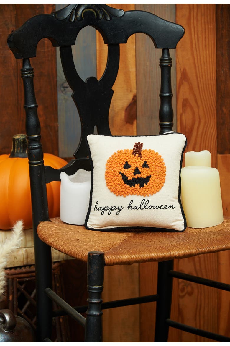 Jack O' Lantern "Happy Halloween" 8" x 8" Petite Accent Pillow, Alternate, color, Beige