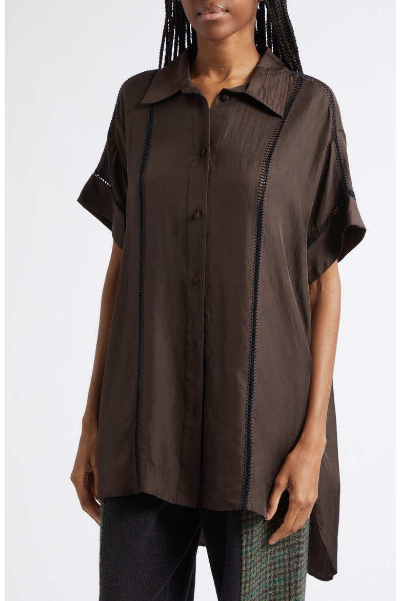 Timour Silk Shirt with Crochet Trim, Alternate, color, MOLASSES
