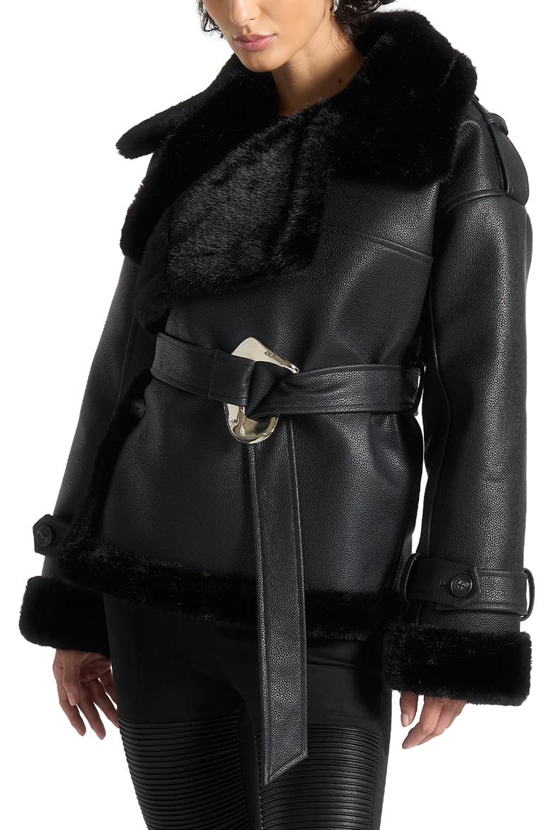 Charlene Leather and Plush Wrap Belted Jacket, Alternate, color, Black