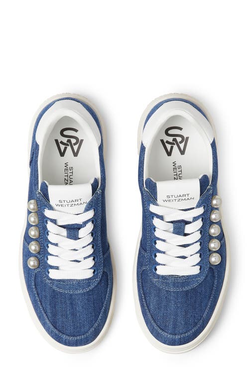 Stuart Weitzman Denim Pearly Stud Low-top Sneakers In Washed/white