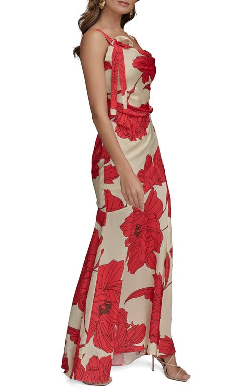 Donna Karan New York Floral Cowl Neck Satin Gown In Sahara Red