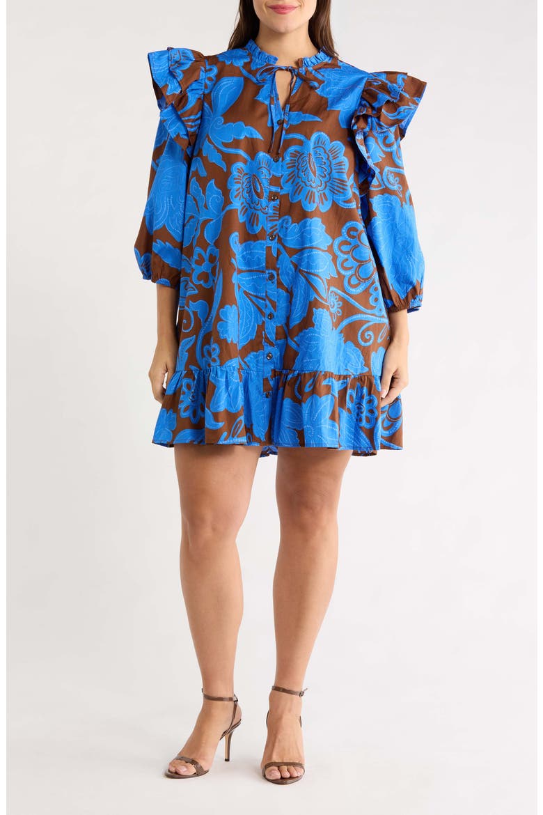 Ofelia Floral Sammy Ruffle Shift Dress, Main, color, BROWN-BLUES