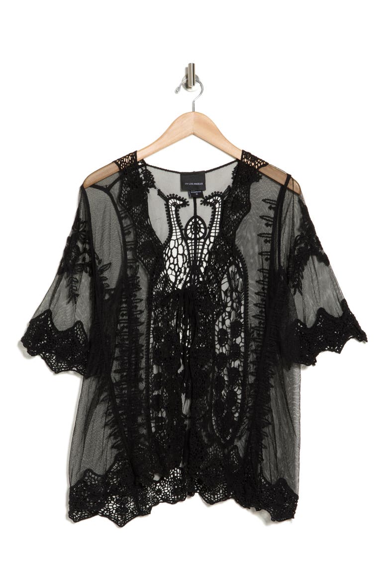 Tie Front Crochet Lace Trim Top, Alternate, color, BLACK