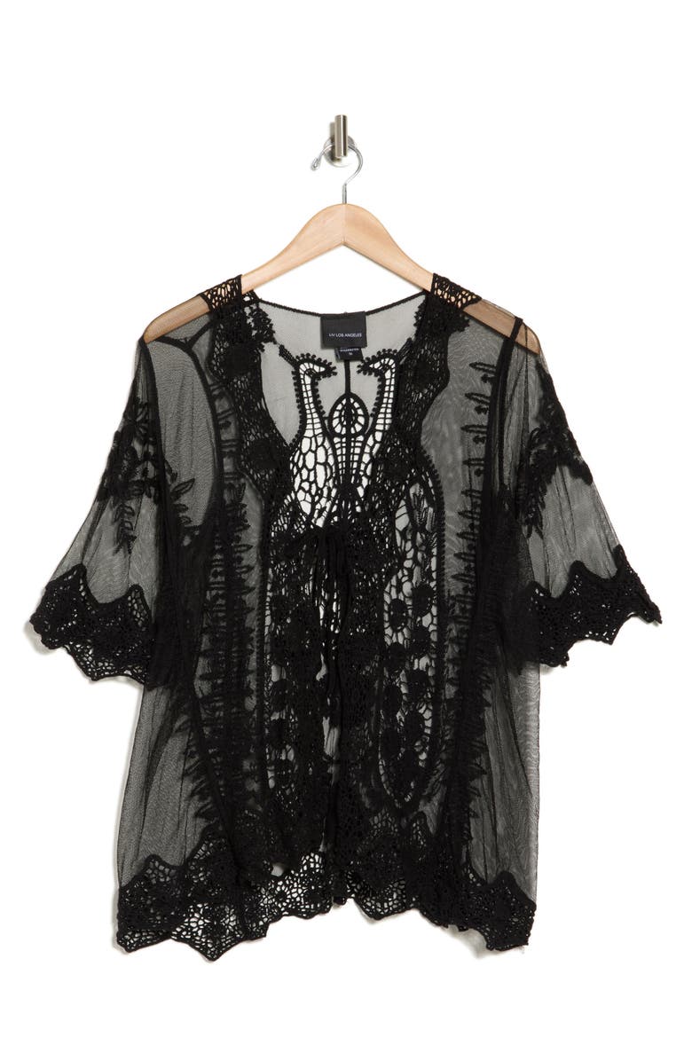 Forgotten Grace Tie Front Crochet Lace Trim Top, Alternate, color, Black