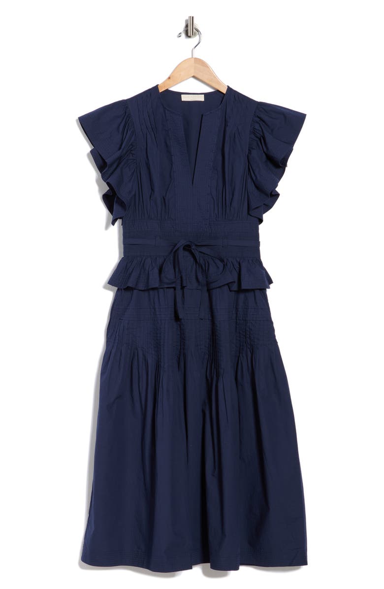 Ulla Johnson Florence Flutter Sleeve Cotton Poplin Midi Dress, Main, color, Midnight