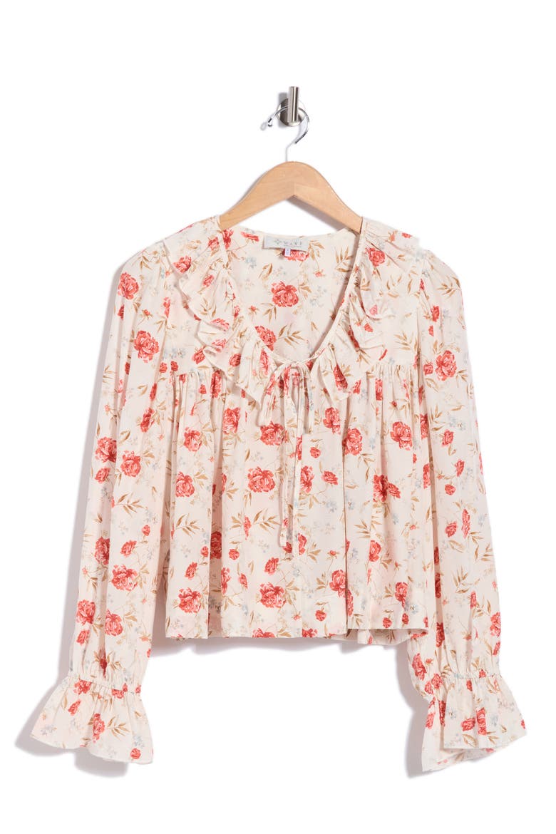 Tie Neck Long Sleeve Ruffle Top, Main, color, RED CARNATIONS