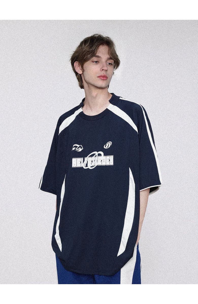 AELFRIC EDEN Contrast Color Stripe Soccer Jersey, Main, color, Navy Blue