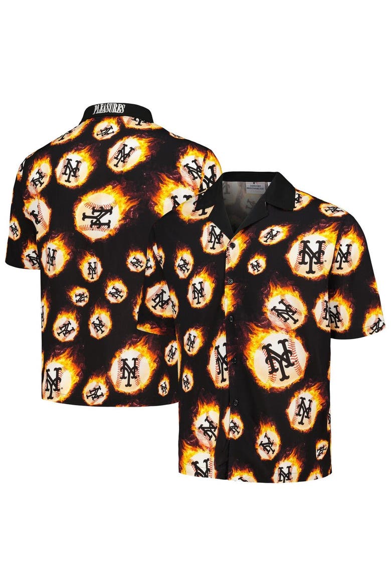 Men's PLEASURES  Black New York Mets Flame Fireball Button-Up Shirt, Main, color, Black