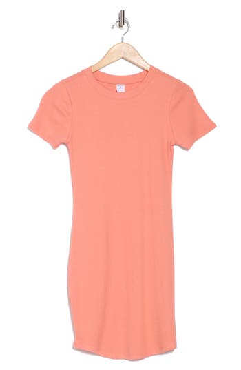 Melrose And Market Short Sleeve Crewneck Mini Dress In Coral Apple