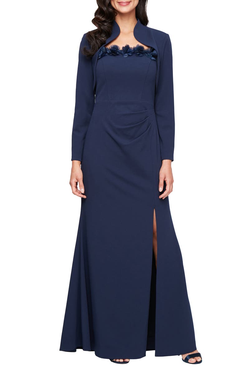 Alex Evenings Floral Appliqué Stretch Crepe Gown with Bolero Jacket, Main, color,