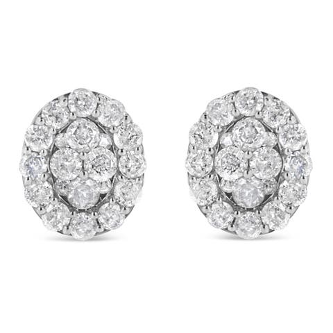 Silver 1 1/2 Ct RoundDiamond Oval Shaped Stud Earrings