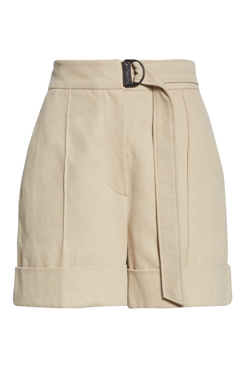 Belted Cotton & Linen Denim Shorts, Alternate, color, SAND