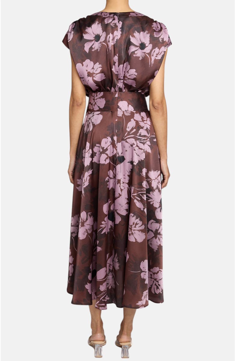 Santorelli Talia Faux-Wrap Cap Sleeve Midi Dress in Floral Twill Crepe, Alternate, color, Raisin