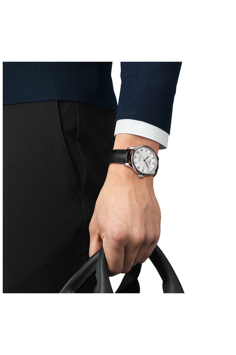 Le Locle Powermatic 80 Automatic Leather Strap Watch, 39mm, Alternate, color, BLACK/ SILVER