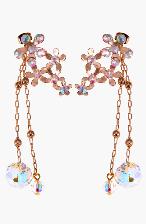 Crystal Flower Drop Earrings with Dangle Chains