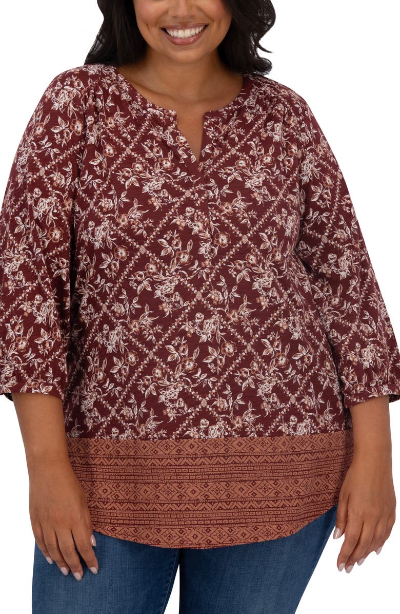 Lucky Brand Border Print Top, Main, color, Burgundy Multi