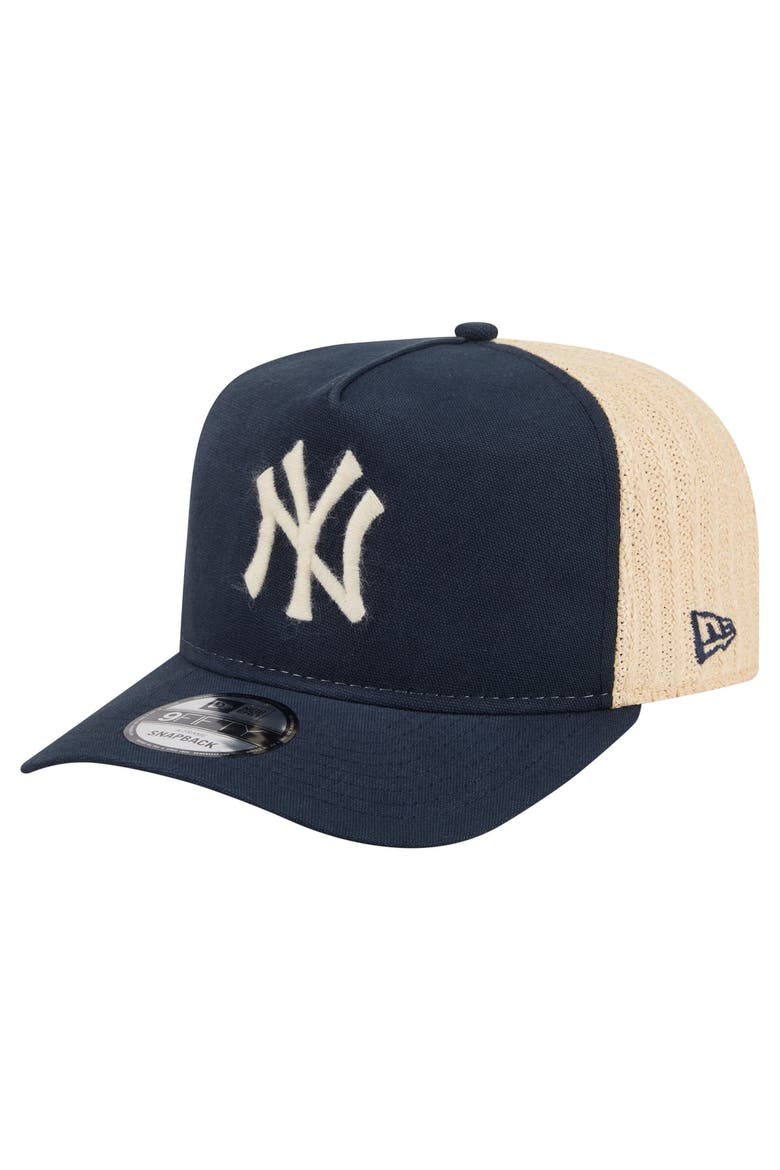 Men's New Era  Navy/Natural New York Yankees Grained 9FIFTY A-Frame Trucker Adjustable Hat, Main, color, Navy