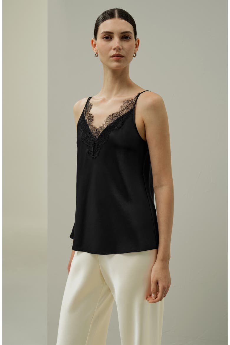 Women's Bias Cut Lace-Trimmed Silk Camisole, Alternate, color, Black