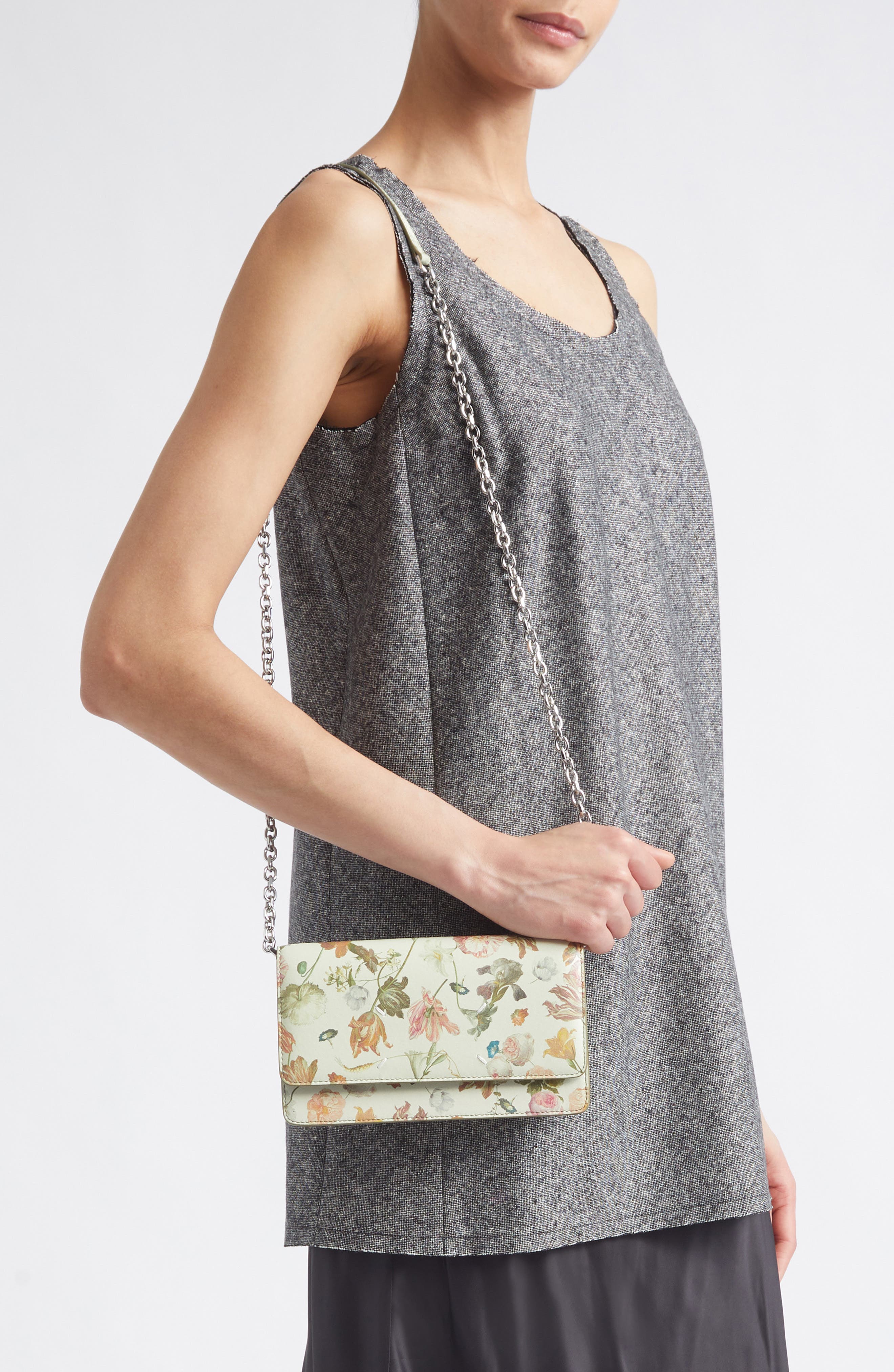 Medium Floral Leather Wallet on a Chain, Alternate, color, FLOWER WASHED OUT WHITE